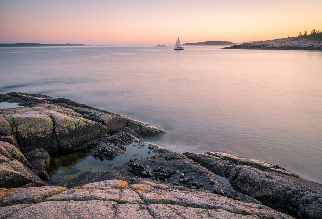 A wide‑angle view of a rocky shoreline at dawn in Acadia National Park, with sunlit granite cliffs, tide pools, calm ocean, and a distant sailboat under a pastel pink‑orange sky.