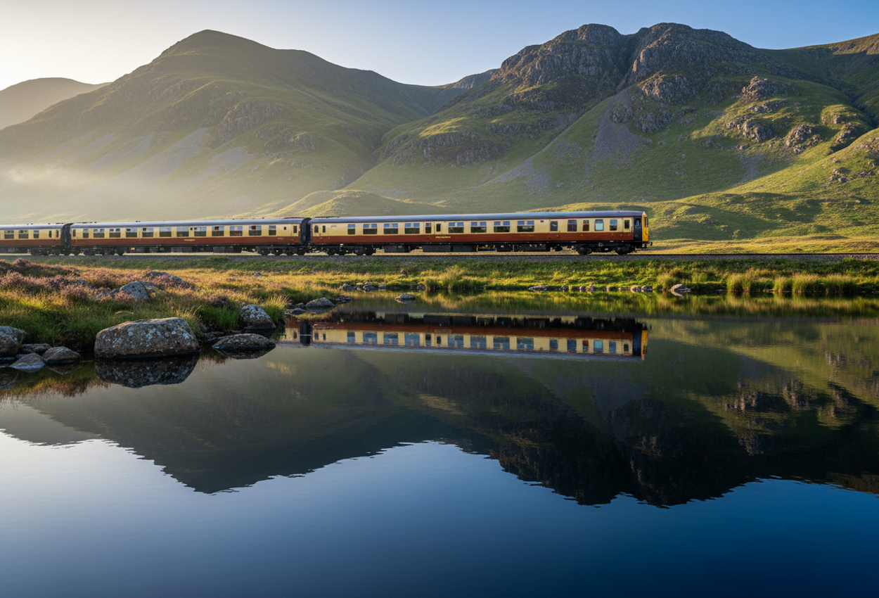 An ultra‑realistic photograph of the Belmond Britannic Explorer luxury train traveling beside a serene Lake District lake, with rolling green hills and dramatic peaks reflected in crystal‑clear water under gentle daytime sunlight.