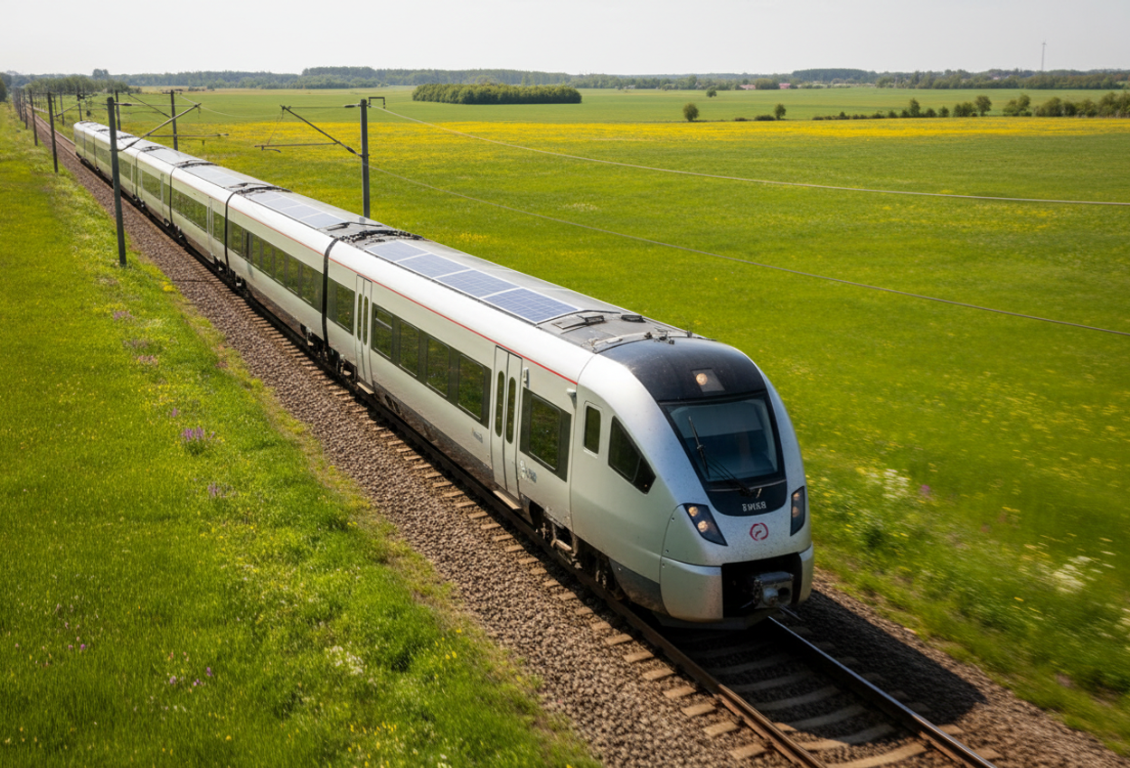 A modern, solar‑panel‑topped electric train moves swiftly through bright green countryside under clear midday light, with motion‑blurred landscape conveying speed and innovation.
