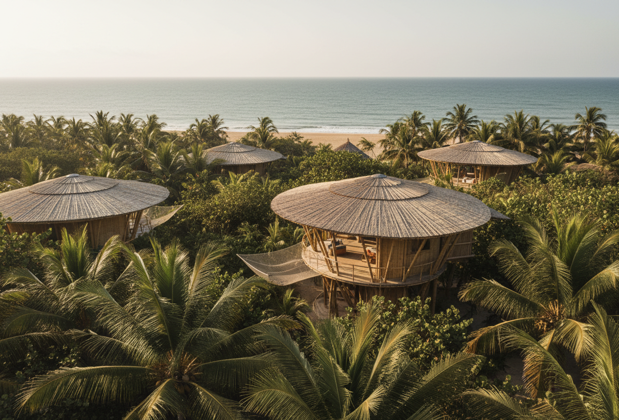 A daytime aerial photograph showing bamboo treehouses at Playa Viva resort on Mexico’s Pacific coast, set among palm trees, lush vegetation, and a golden‑lit beach under clear skies, highlighting the integration of sustainable architecture and natural surroundings.