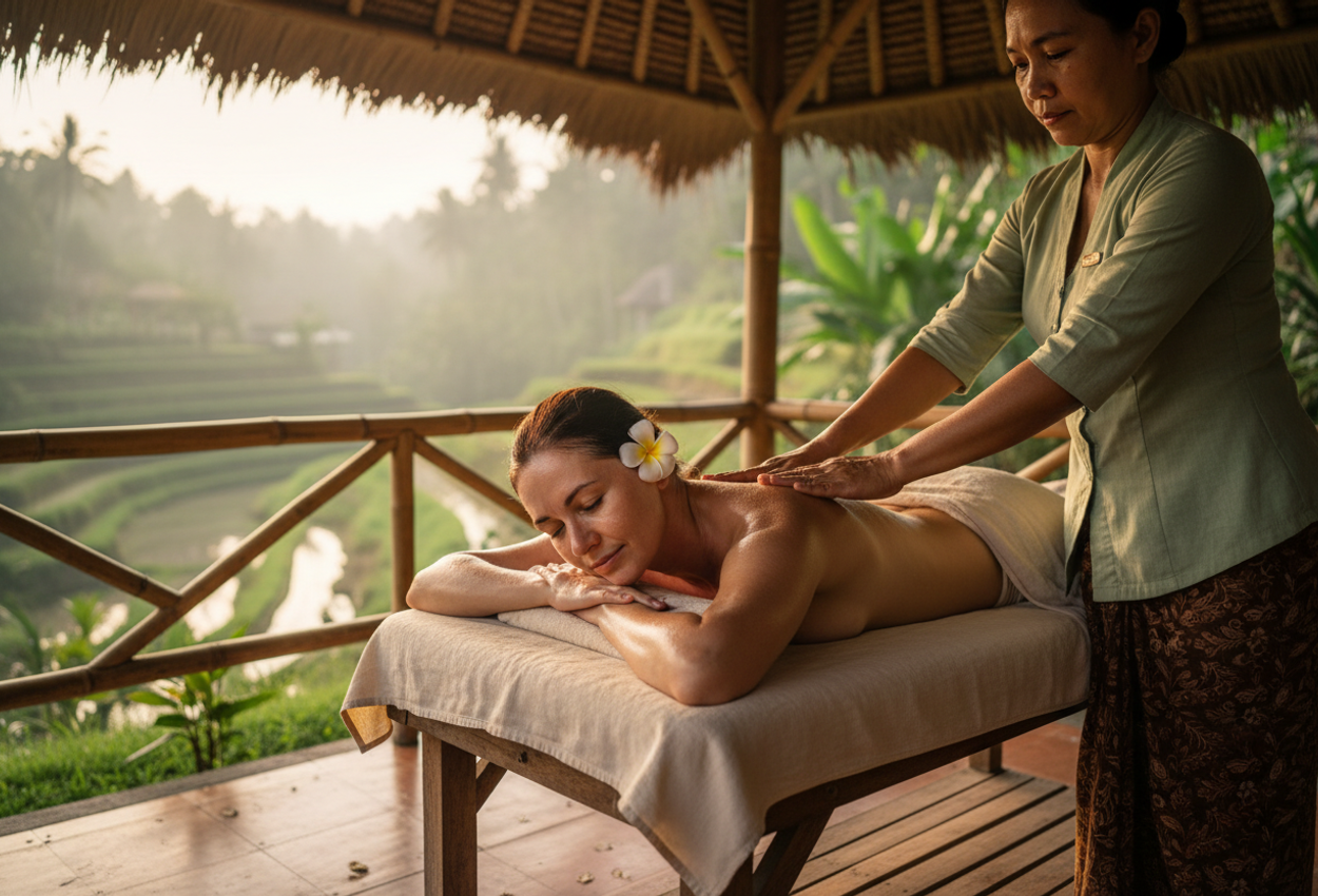 A woman receiving a traditional Balinese massage from a therapist in an open‑air pavilion overlooking misty rice terraces in Ubud, Bali, on a humid January morning.