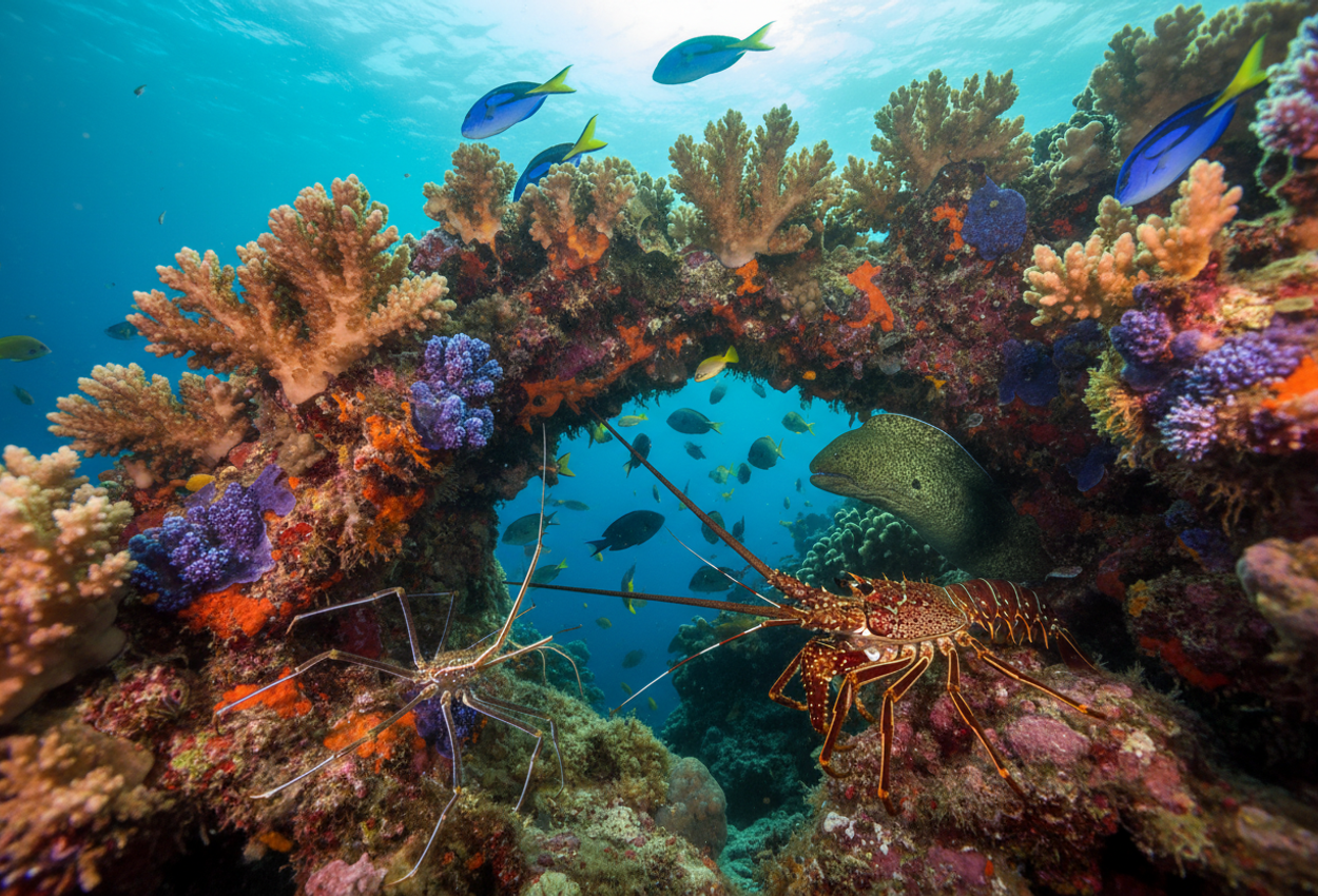 A vivid, detailed macro undersea photograph taken during the day on July 20, 2025, showing diverse coral species and reef marine life illuminated by natural light shafts under water.