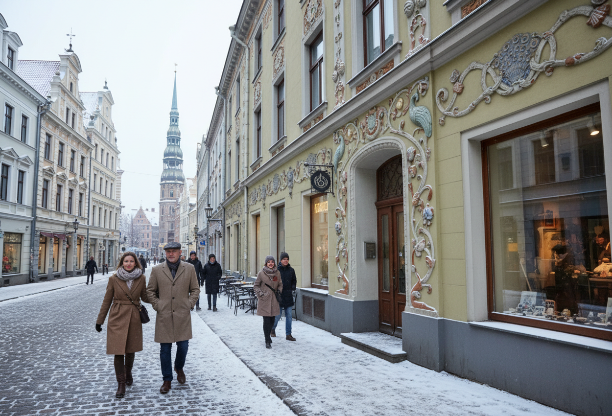 Daytime street in Riga’s Old Town on January 1, showing snow-dusted cobblestones and detailed Art Nouveau façades, with people strolling past cafés under soft winter light.