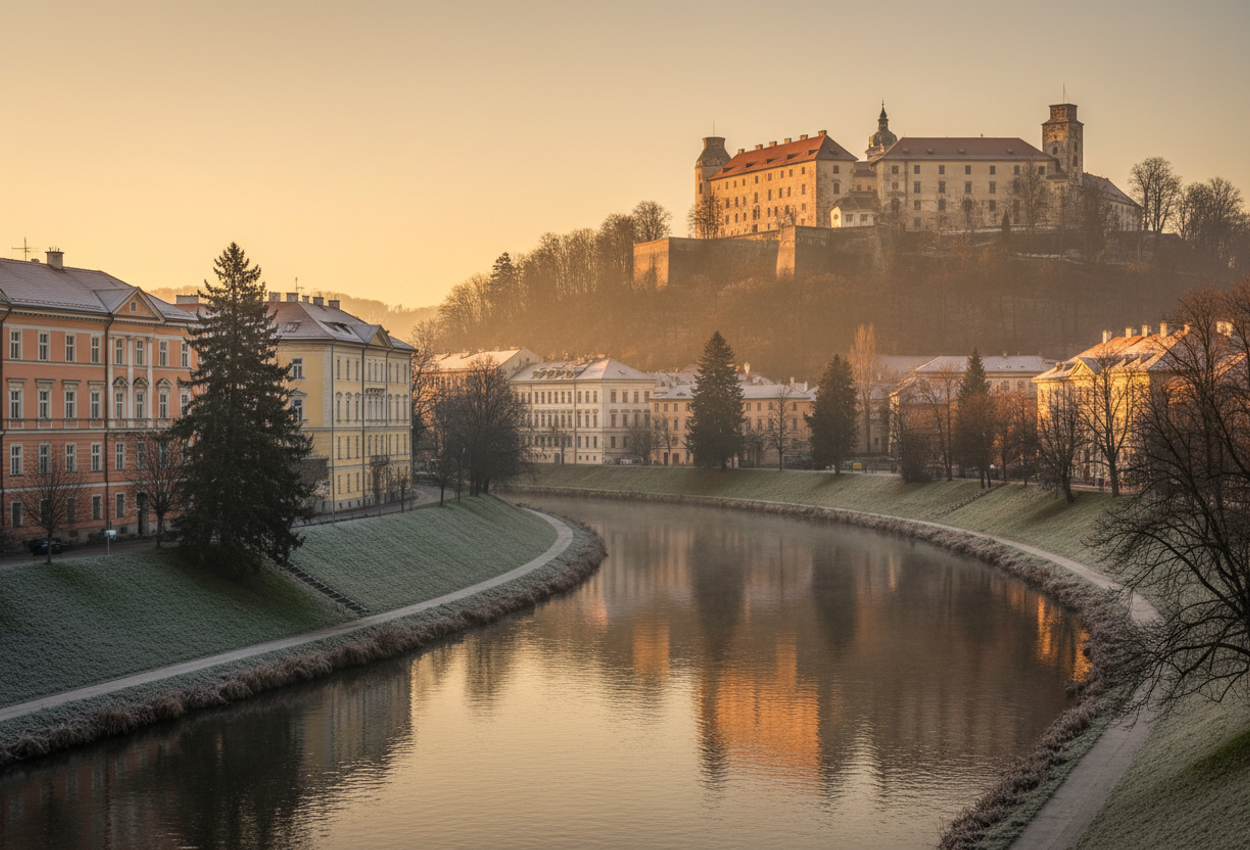 A winter morning scene showing the Ljubljanica River flowing toward Ljubljana Castle softly illuminated by golden‑hour light, with pastel riverside buildings and frosted greenery under a clear sky.