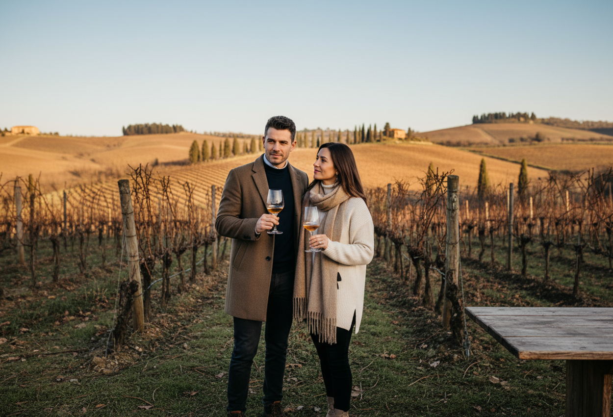 A softly lit landscape photograph showing a man and a woman warmly dressed, standing at a rustic table in a dormant Tuscan vineyard at dawn. They hold wine glasses, with rolling hills and cypress trees in the background under a clear pale-blue sky.