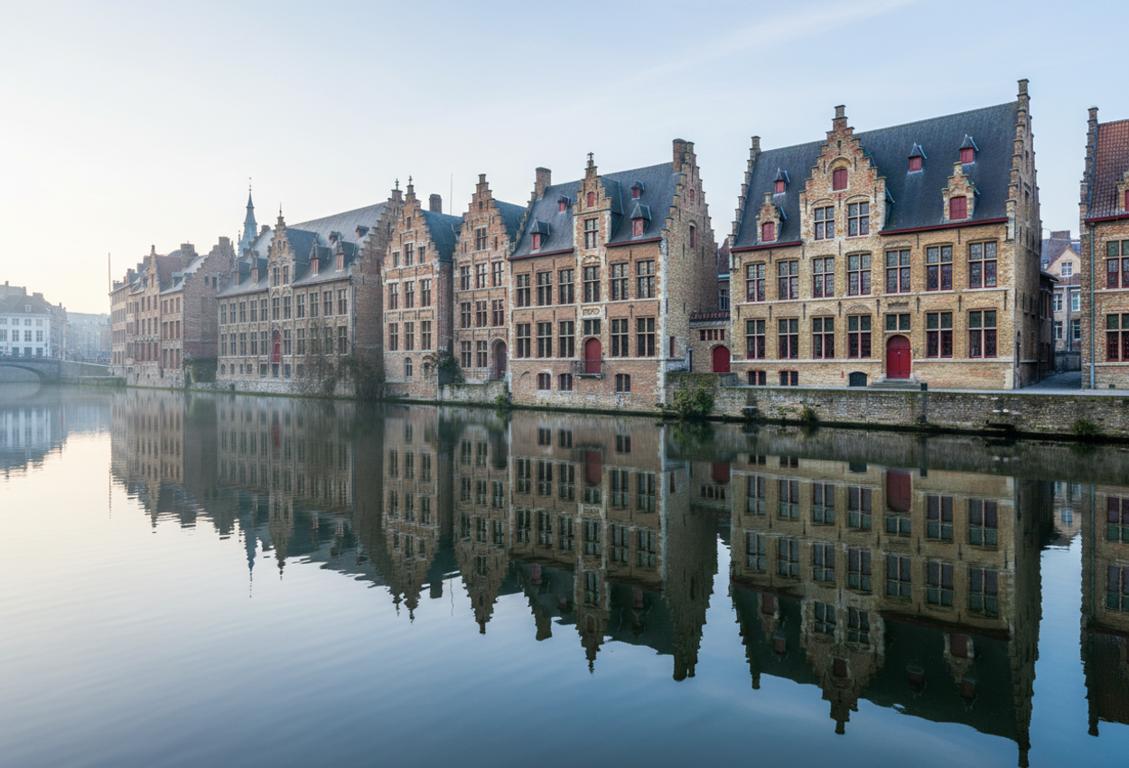 A crisp winter daytime scene of Ghent’s Graslei and Korenlei quays, showing medieval guildhalls reflected in the calm Leie River under soft natural daylight.