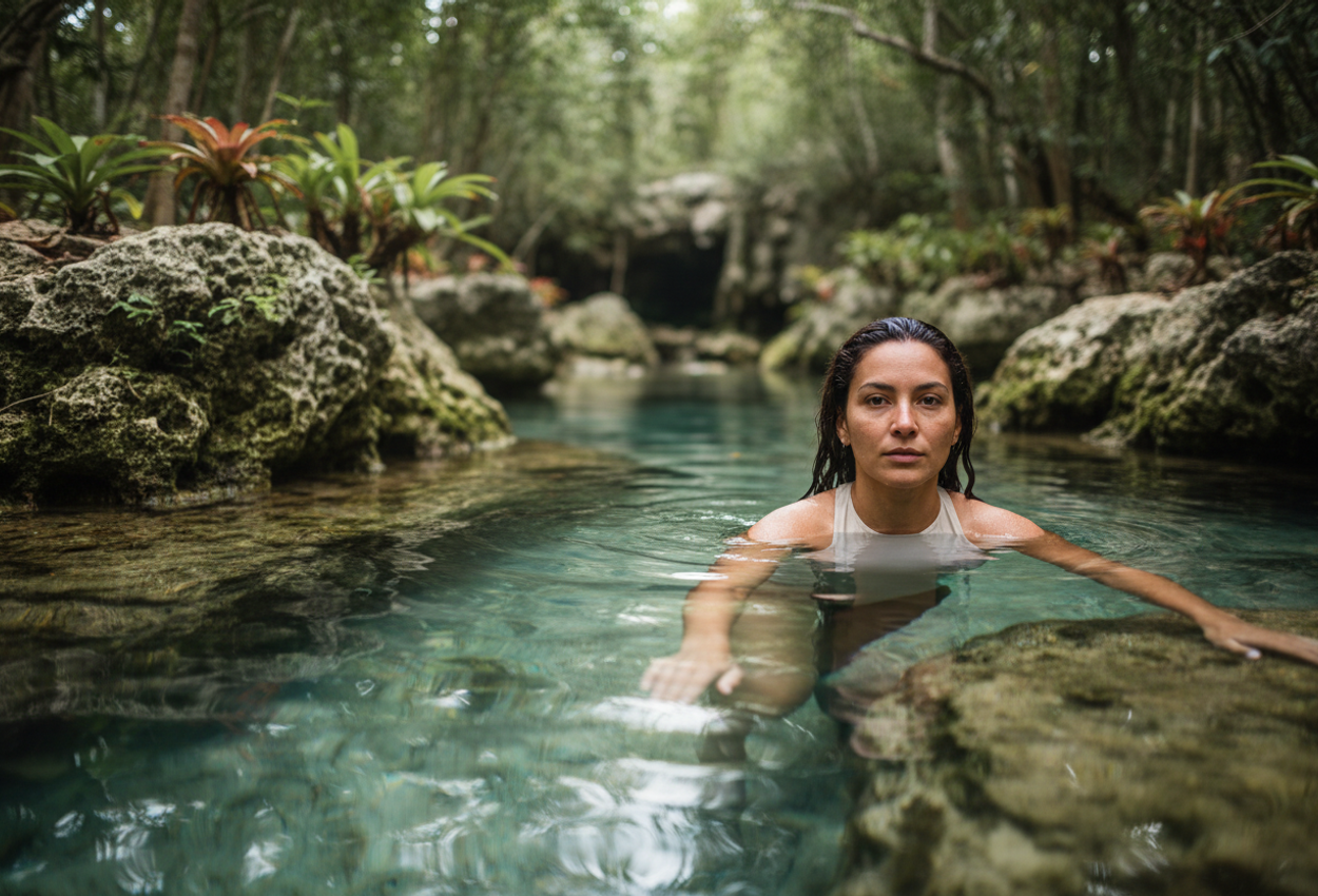 A photograph shows a young woman swimming in a crystal-clear cenote near Playa del Carmen, Mexico, framed by limestone rock formations and green jungle. Soft natural light filters through, highlighting water ripples and textured stone surfaces as the woman floats serenely.