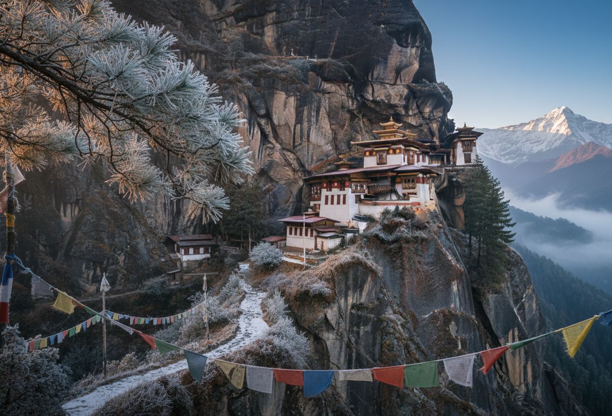 A panoramic dawn view of Bhutan’s Paro Valley featuring the cliff‑side Tiger’s Nest Monastery, with frost‑covered pine and prayer flags in the foreground, dramatic Himalayan peaks in the background, and gentle golden sunrise light illuminating the misty, snow‑dusted landscape.