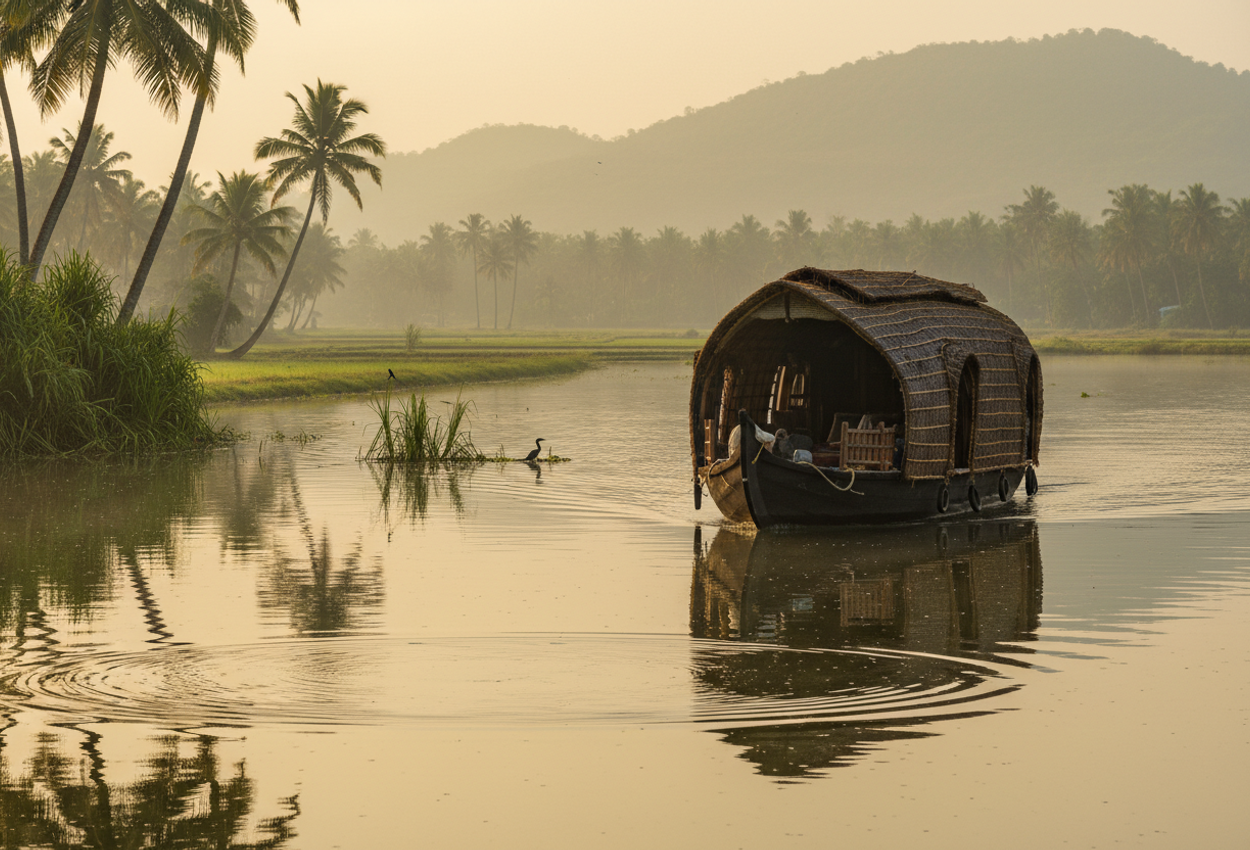 A quiet houseboat made of wild jack wood and coir ropes moves through misty backwaters with palm reflections and soft lighting, revealing natural textures and peaceful waterway landscape.