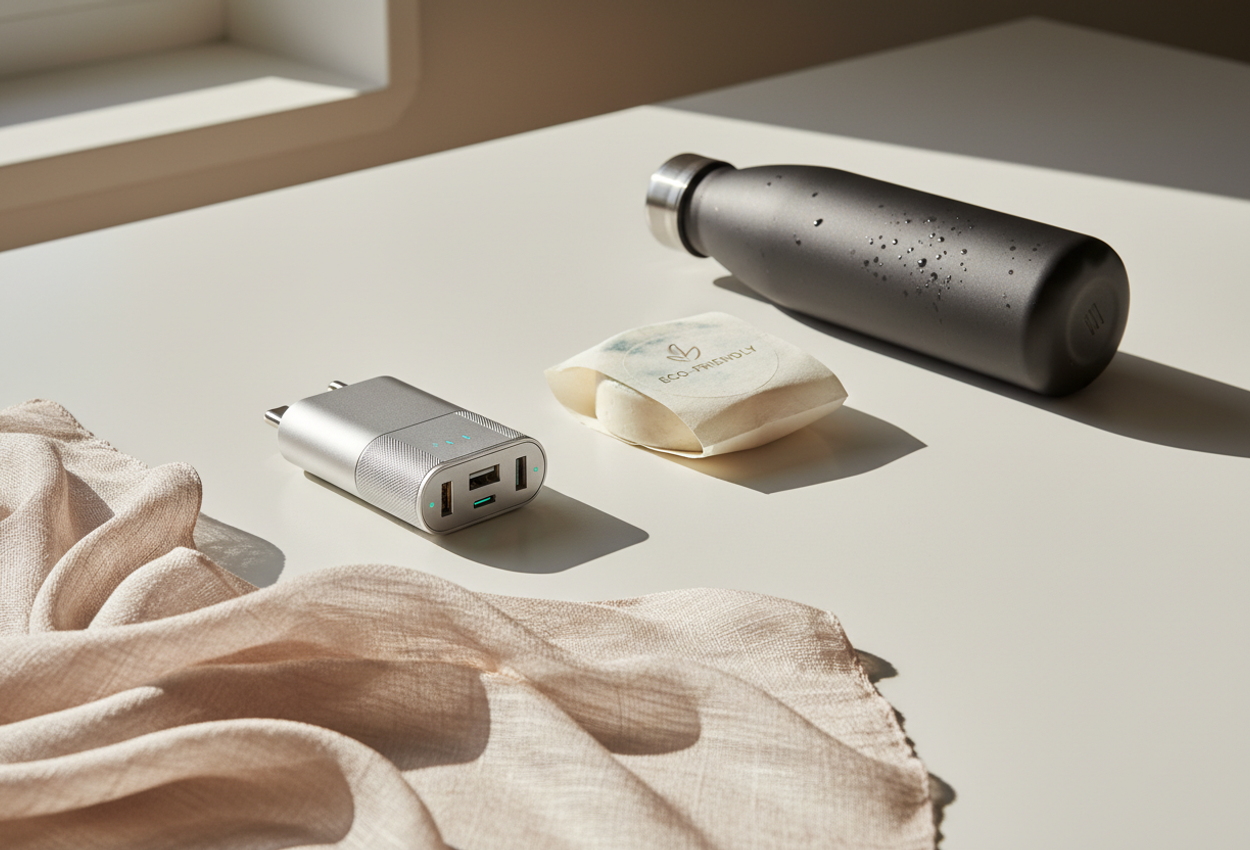 A luminous tabletop arrangement of a silk sarong, brushed aluminum USB‑C charger, shampoo bar, and reusable water bottle in a refined, detailed editorial style, highlighting textures and eco‑conscious travel readiness.