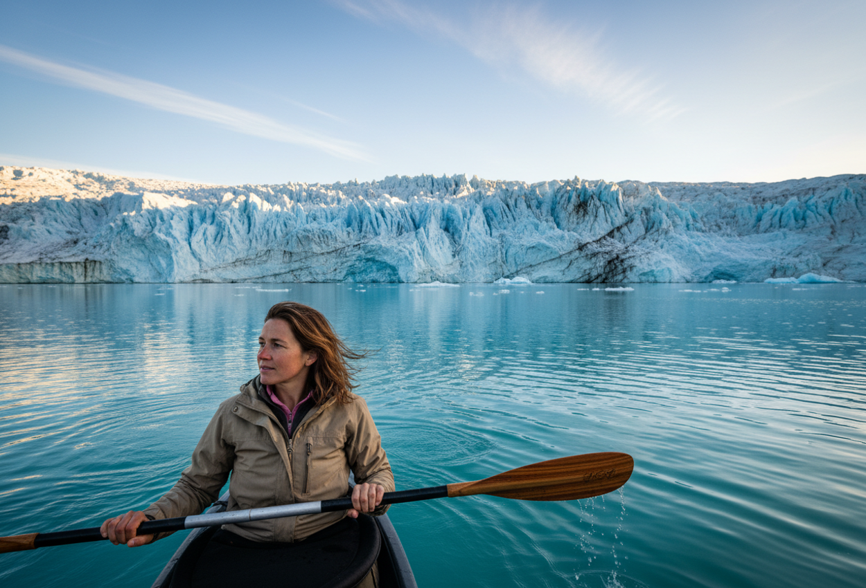 A lone kayaker glides across a turquoise glacial lake in Patagonia, against a backdrop of textured ice formations and distant glacier. The image features crisp light, rugged natural detail, and panoramic composure.