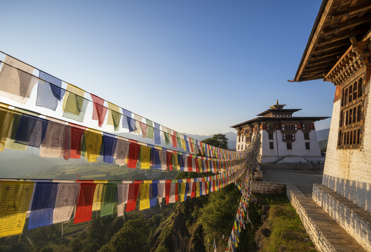 A wide‑angle dawn scene showing colorful prayer flags fluttering in the breeze above a whitewashed dzong with tiered roofs. The clear sky and soft morning light illuminate the textures of fabric, timber, and stone in a serene Bhutanese valley.