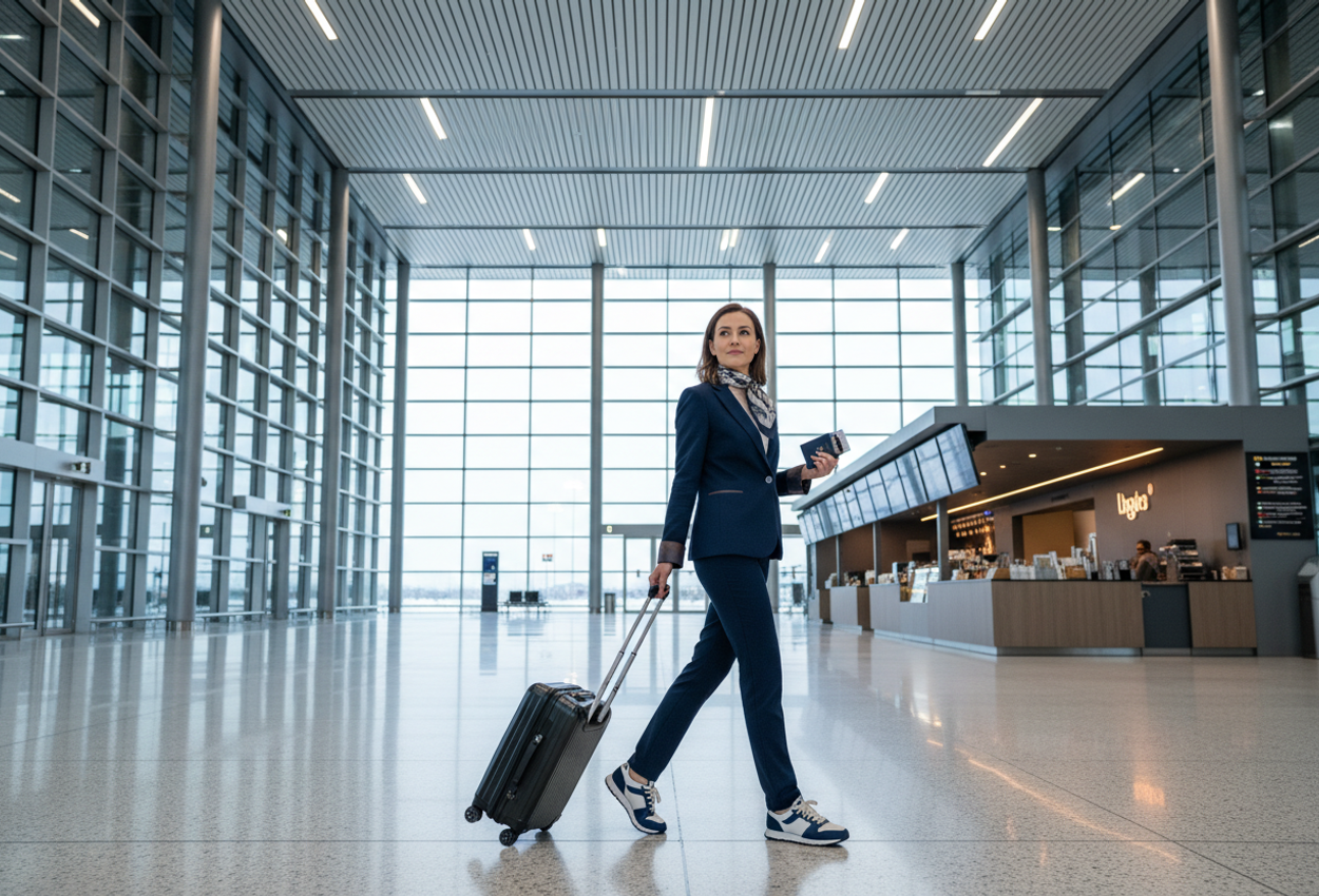 A confident traveler strides through a spacious, sunlit airport terminal pulling a sleek roller bag and holding a passport and boarding pass. The scene shows clean architectural lines, polished floors, digital signage, and a sense of effortless, efficient travel.