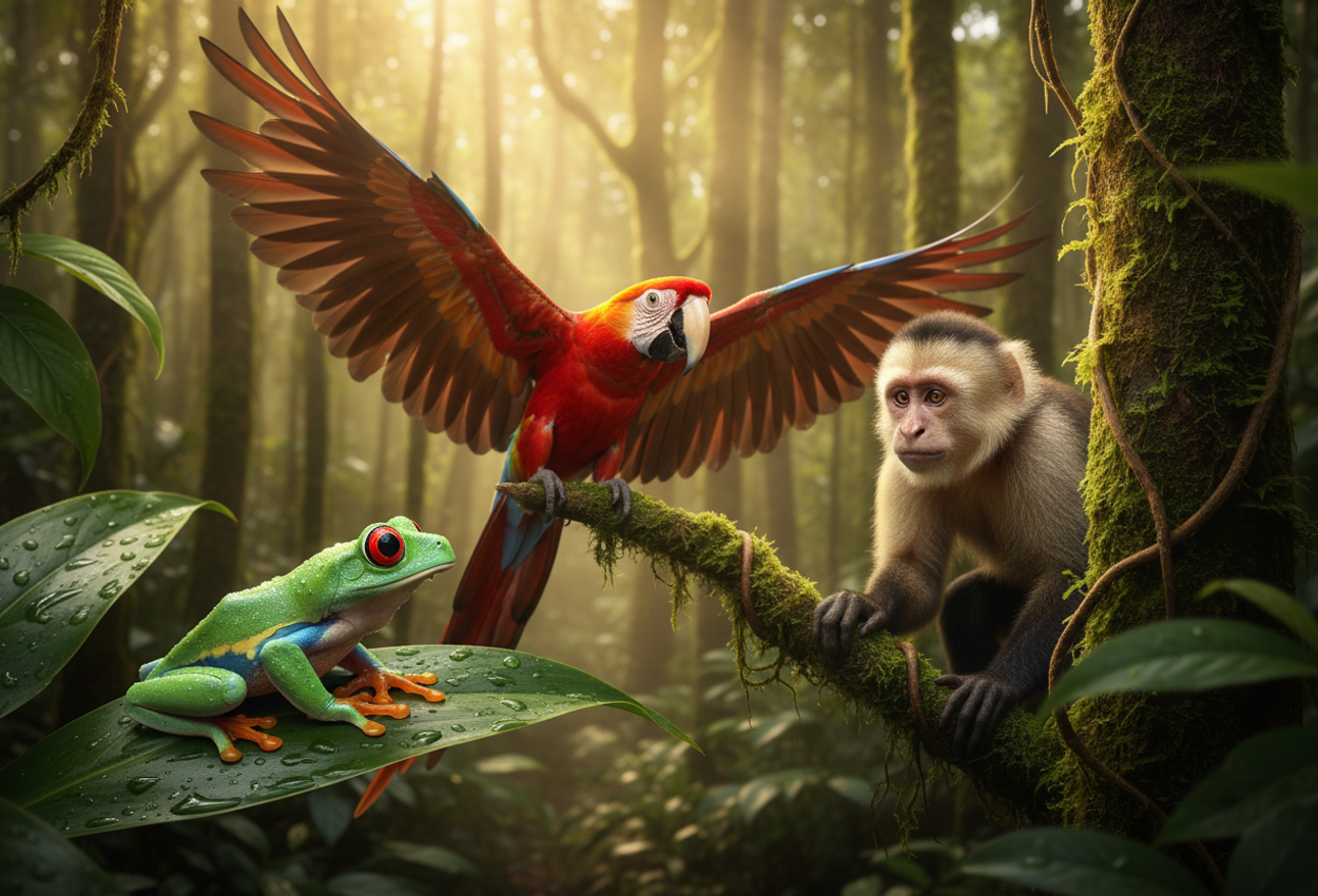 A landscape‑oriented photo shows a red‑eyed tree frog on a wet heliconia leaf in crisp focus in the lower left. Behind, a scarlet macaw flies with backlit wings, and a capuchin monkey peeks from mossy branches amid a softly blurred rainforest canopy under golden morning light.