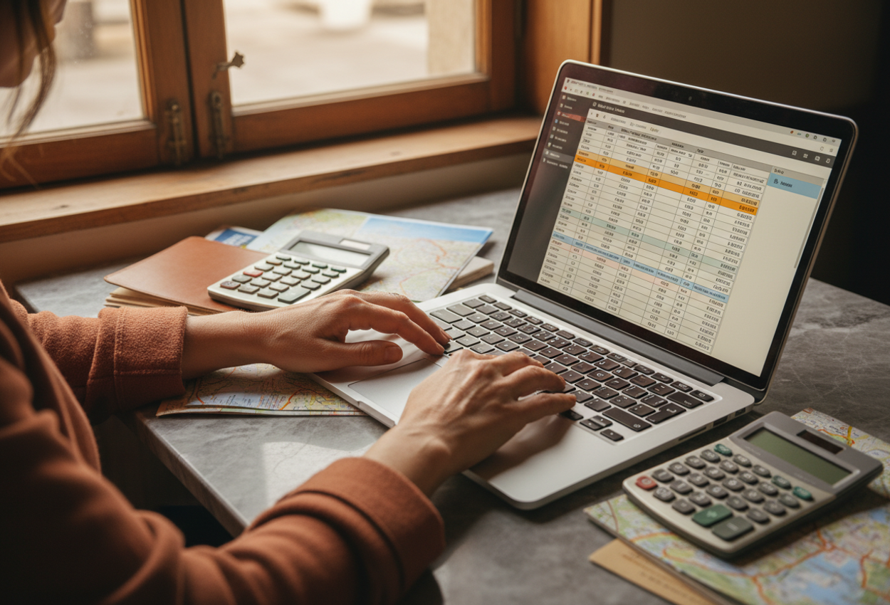 A close-up scene in a café on January 1, 2026: a traveler’s hands typing on a laptop showing a travel budget spreadsheet, surrounded by brochures, a map, and a calculator, all bathed in soft natural morning light.