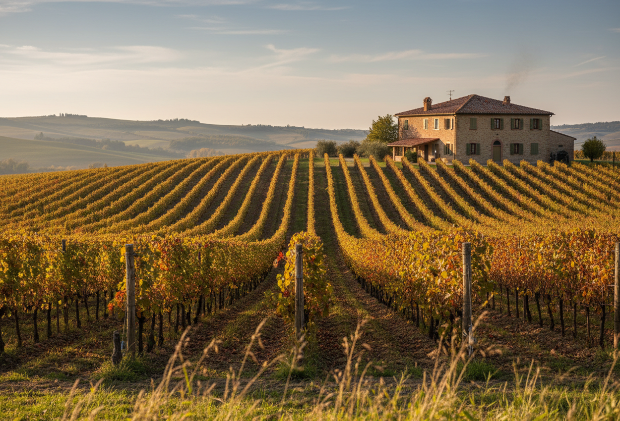 A wide‑angle landscape depicting sun‑lit rolling hills of Tuscany in mid‑October, with orderly grape‑vine rows leading toward a rustic farmhouse with terracotta roof, warm stucco walls and olive‑green shutters, under a clear sky with wispy clouds.