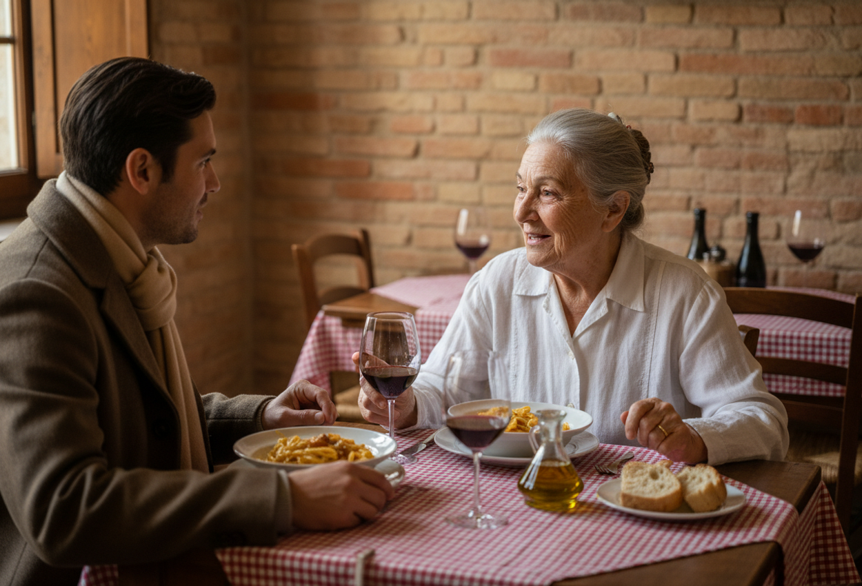 A traveler and an elderly woman share a warm meal in a cozy Tuscan restaurant, seated at a rustic wooden table with checkered tablecloth, pasta, wine, and exposed brick walls, capturing genuine connection and winter atmosphere.