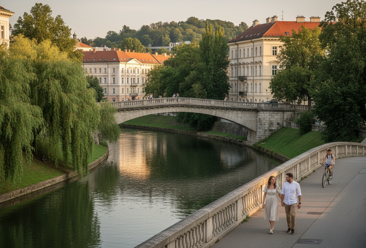A wide‑angle summer evening scene of the Ljubljanica River in Ljubljana, Slovenia: stone bridges, verdant riverbanks, a stylish couple strolling, golden hour light illuminating river, foliage, and pale façades, conveying eco‑friendly urban charm and refined serenity.