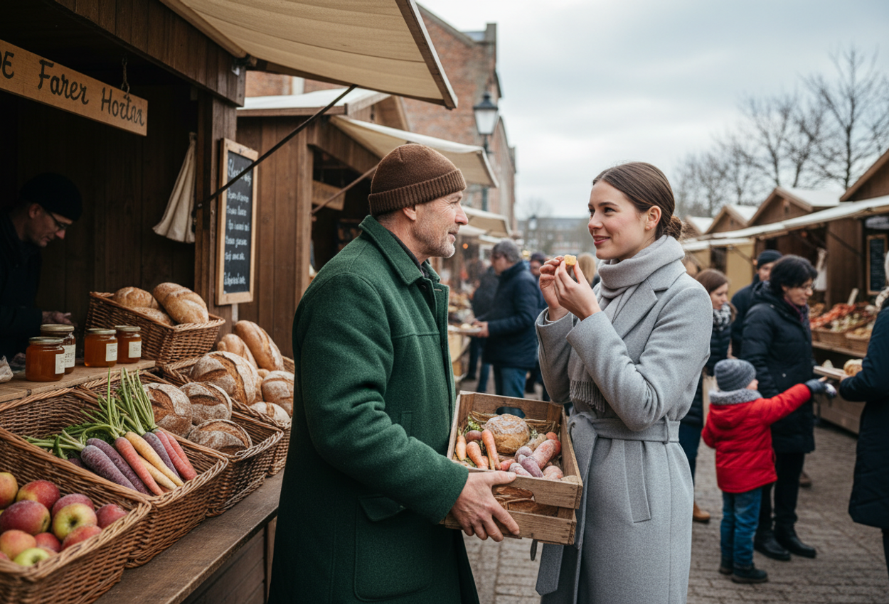 A detailed image of a winter day at a local farmers market, showing vendors and shoppers interacting among wooden stalls filled with fresh produce and artisanal goods, under natural cold daylight with visible breath and textured fabrics.