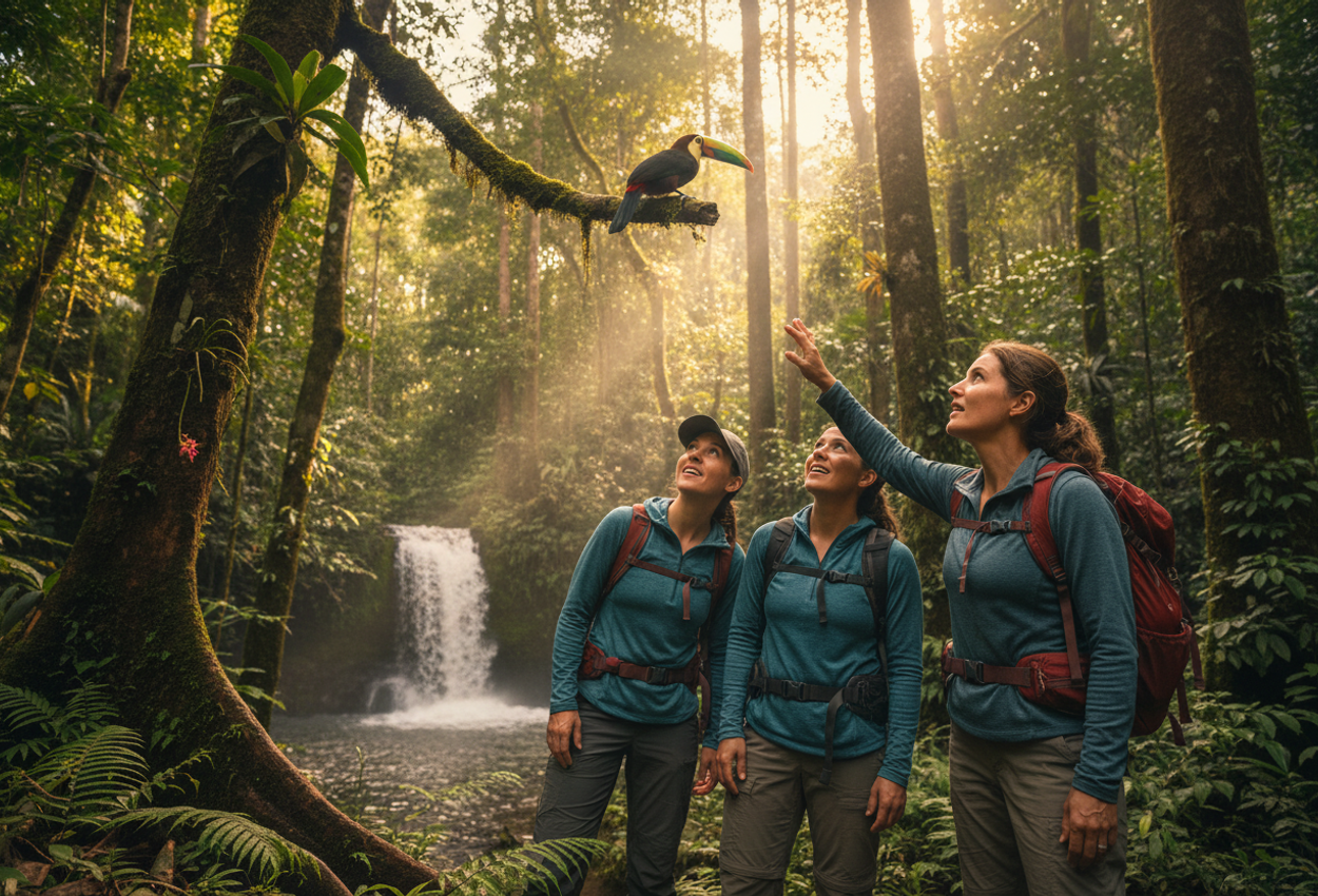 Photo of a rainforest hike at Cielo Lodge in Costa Rica: a guide points toward a toucan perched on a moss‑covered branch by a hidden waterfall, with guests immersed among towering trees and dappled sunlight.