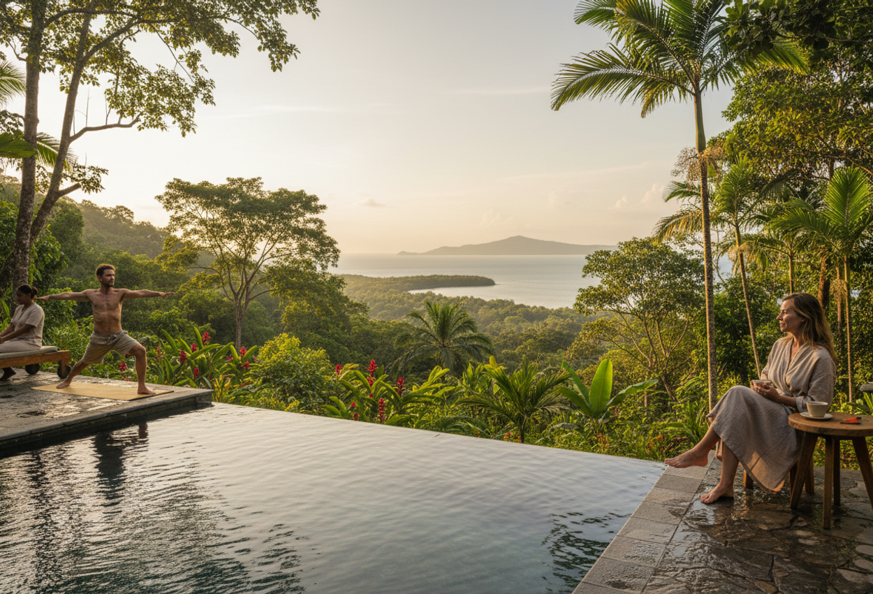 A late‑afternoon view of a saltwater infinity pool edged with stone, framed by tropical rainforest, overlooking the calm waters of Golfo Dulce. A woman in a robe sips tea and a man practices yoga nearby, all bathed in warm golden light.