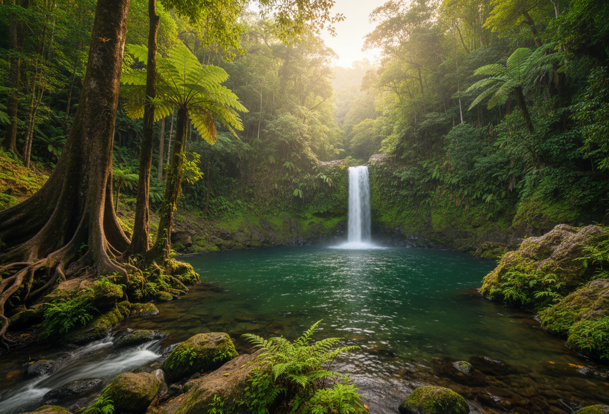 Panoramic view of a crystal-clear emerald-green pool beneath a 40-foot waterfall in Dominica’s rainforest, with mossy boulders in the foreground and layered tropical canopy in the background, captured January 1, 2026.