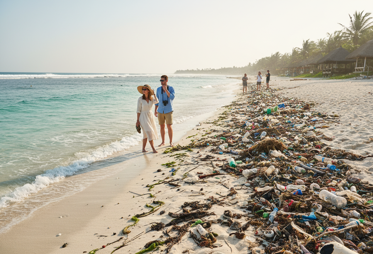 A panoramic image showing a clear Bali shoreline with white sand and turquoise water on the left, sharply contrasted by a beach strewn with plastic waste on the right. Tourists observe the stark divide under bright late‑summer sunlight.