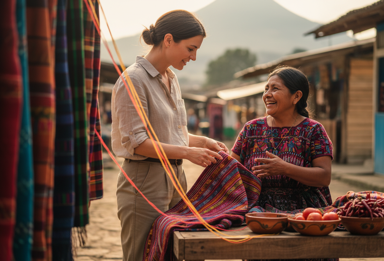 A sunny mid‑spring scene showing a female tourist purchasing a hand‑woven huipil from a smiling indigenous Maya artisan at a colorful Guatemalan highland village market, the fabric’s rich texture and cultural detail captured in sharp focus.