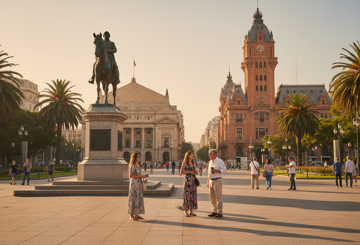Montevideo’s Plaza Independencia at Sunset with Artigas Statue and Palacio Salvo A wide‑angle summer afternoon view over Montevideo’s central Plaza Independencia features the bronze equestrian statue of José Gervasio Artigas in the foreground, locals and tourists in light summer attire around it, French‑style flowerbeds and palm trees flanking the square, neoclassical architecture of Solís Theatre and Estévez Palace in the middle ground, and the iconic eclectic Palacio Salvo dominating the skyline in warm golden light