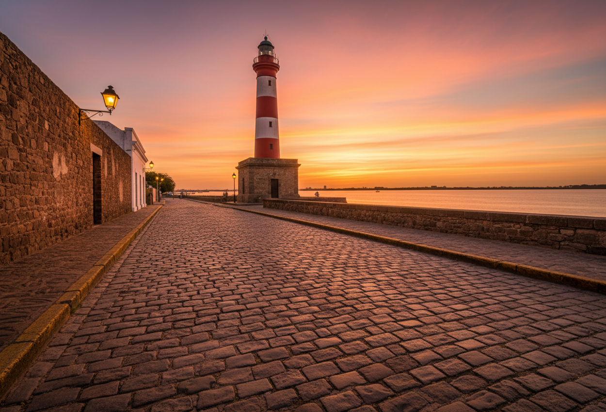 Sunset over the historic lighthouse of Colonia del Sacramento with cobblestone path and glowing lamps A tranquil summer evening scene in Colonia del Sacramento: a cobblestone street leads to the iconic barred red‑and‑white lighthouse standing on old convent ruins, warm lamps glow, and the Río de la Plata reflects the sunset.