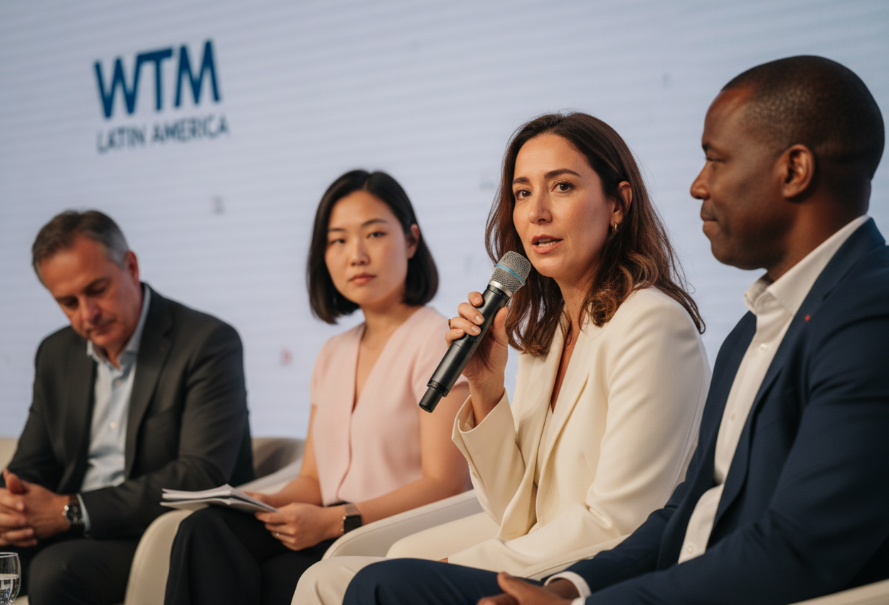 A medium‑shot photo of four diverse panelists on stage at a sustainable tourism conference, lit with soft daylight‑balanced lighting, showing realistic skin textures and dynamic engagement.