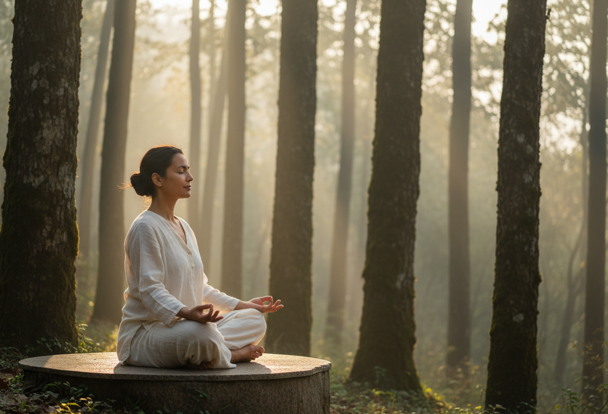 A dawn scene of a guest in a calming lotus pose amid a misty Sal forest in the Himalayas, bathed in soft golden sunlight filtering through tree trunks, conveying serene connection with nature.