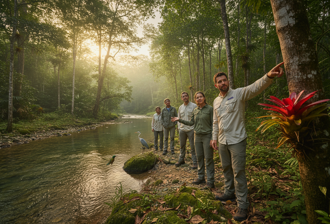 A lush forest landscape in Costa Magia, Oaxaca, in early morning light. A clear river winds through rich tropical foliage as two local guides lead a small tour group, pointing out vibrant plants and birds. The scene is detailed and realistic, with textured bark, leaf veins, natural skin tones, and soft natural lighting.