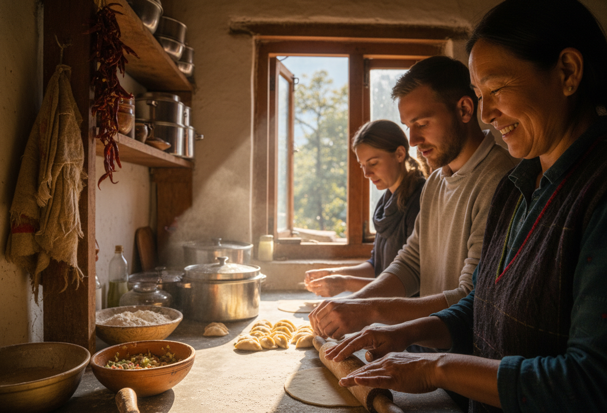 A warm, late‑afternoon kitchen scene in Dharamshala showing a Tibetan family teaching tourists to fold momos. Visible are hands dusted in flour, authentic utensils, earthen walls, steam rising from dumplings, and the golden light of the Himalayan mountain town.