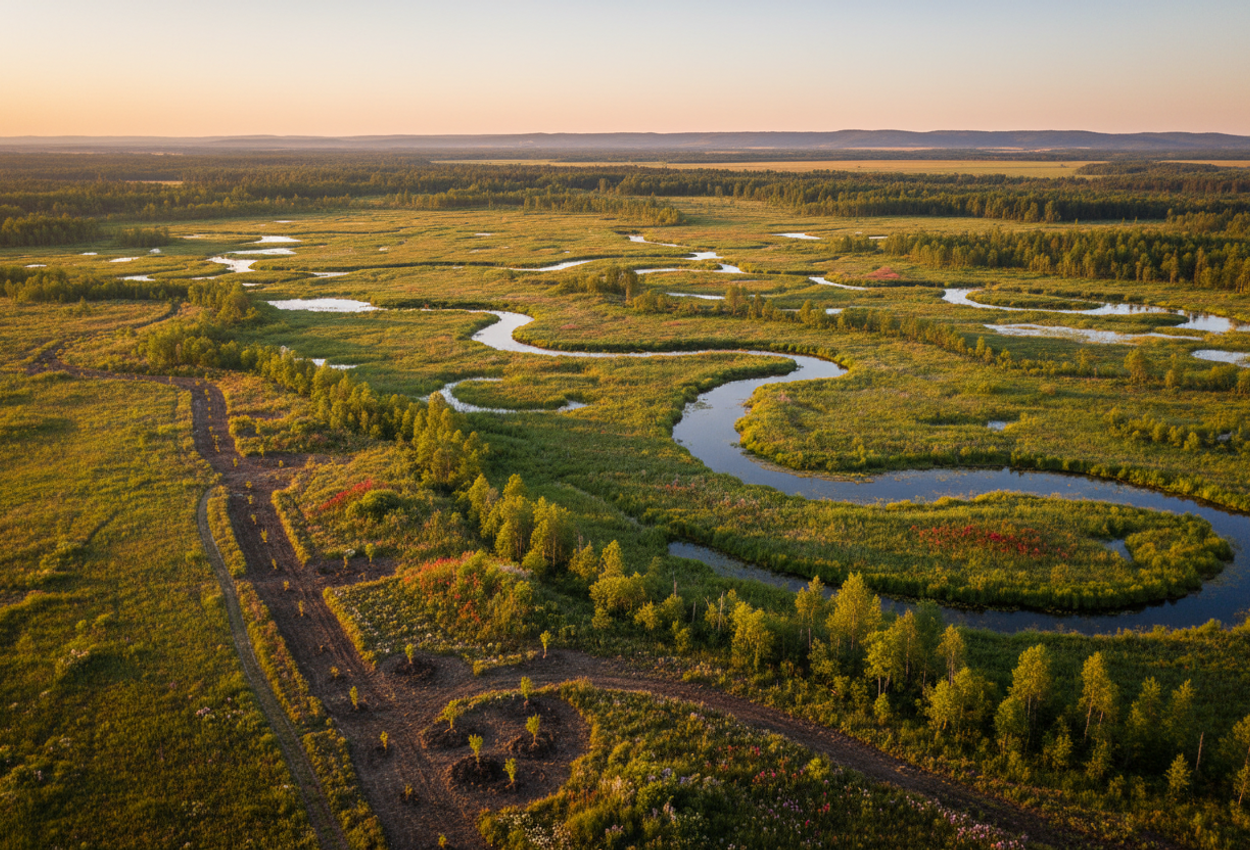 An aerial photograph taken during golden hour on April 15, 2025, showing vast restored wetlands, reforested zones, and water channels. The view highlights the rich textures of vegetation, soil, and water under warm light, conveying scale and environmental renewal.
