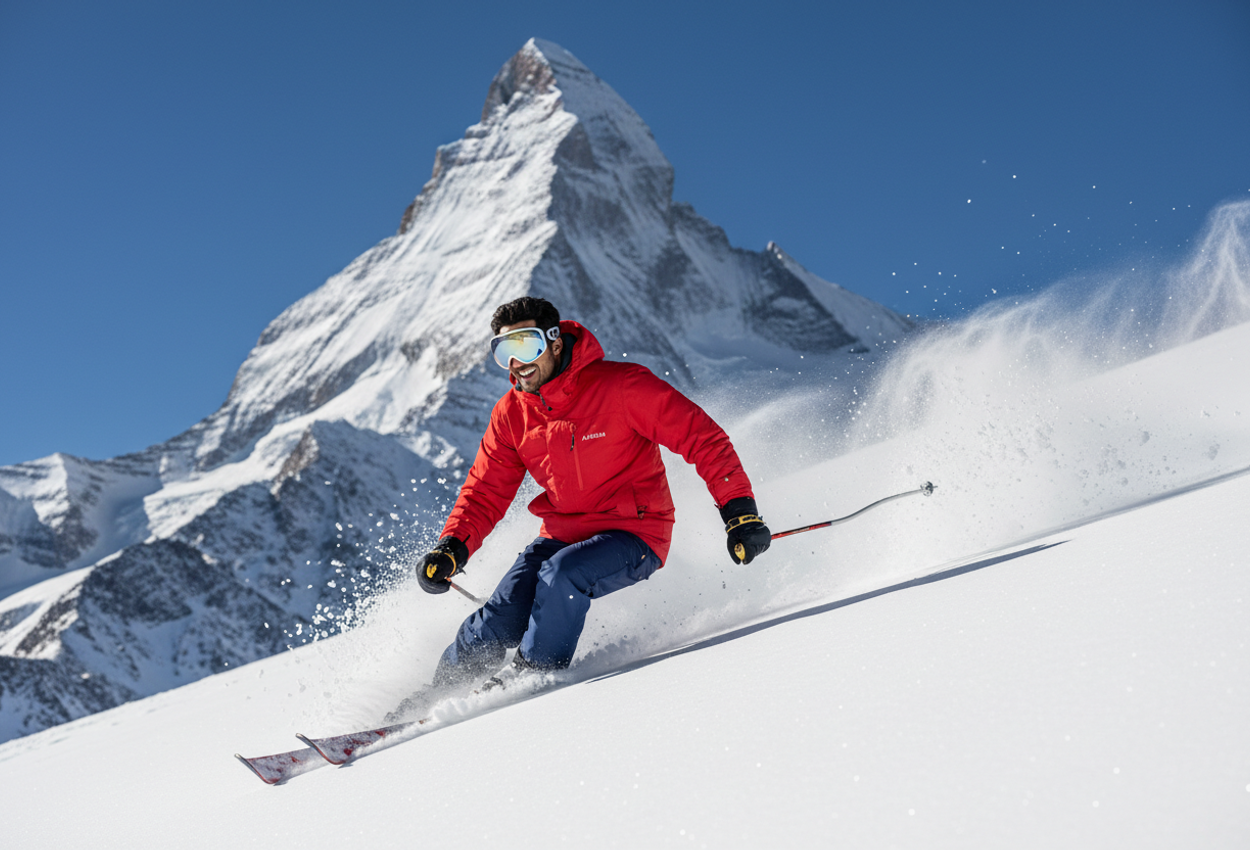 A vibrant action image of a young male skier in colorful gear carving fresh powder on a sunlit Auli slope, joyful expression, with the majestic Nanda Devi mountain sharply detailed in the background beneath a clear blue sky.