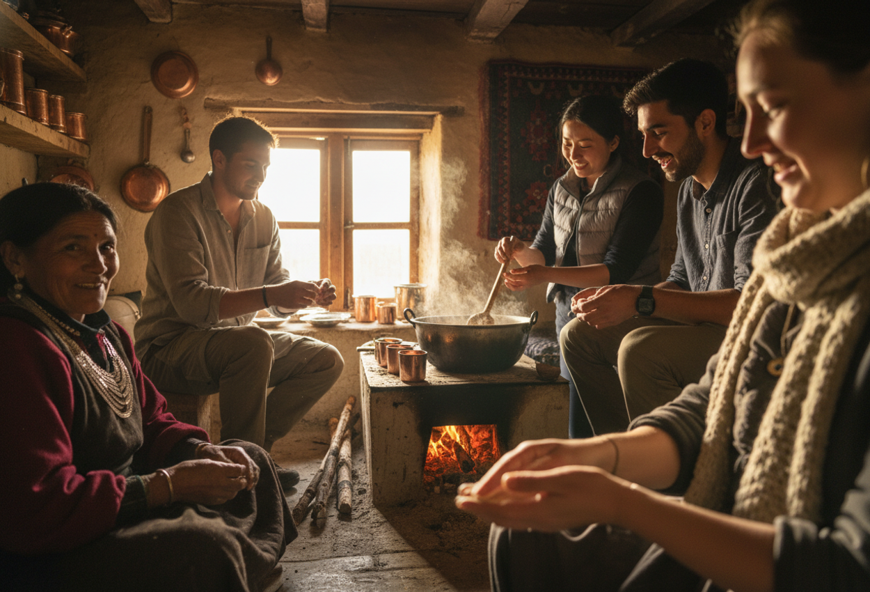A late‑afternoon photograph of a remote Ladakhi village kitchen where tourists and a local host prepare traditional dishes Thukpa and momos around a wood‑fired stove, with warm sunlight highlighting copper utensils, rustic clay walls, and the genuine expressions and detailed textures of hands, faces, and ingredients.