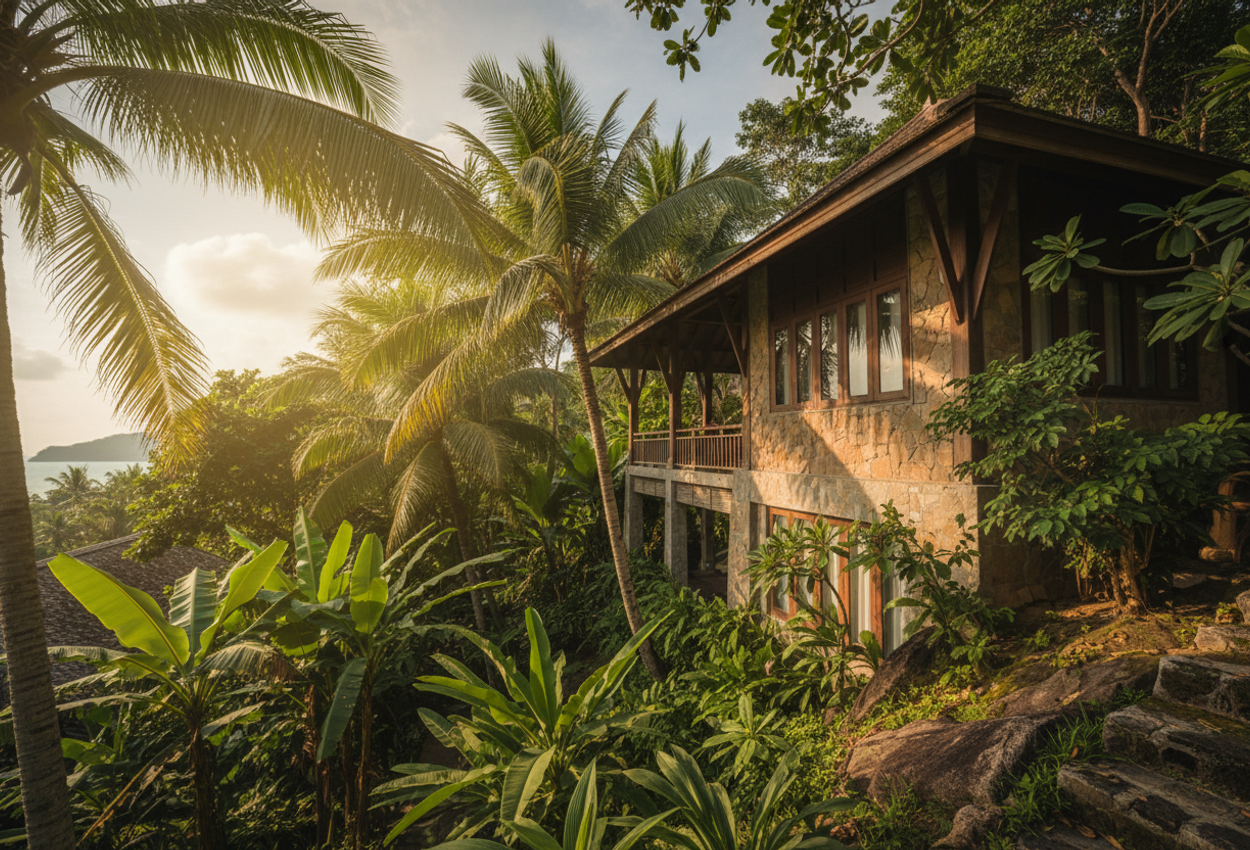 A daylit view of a serene wellness sanctuary: the Kamalaya Cognitive House nestled among lush tropical foliage, with sun‑filtered shadows and detailed natural stone and wood textures under a calm late‑morning sky.