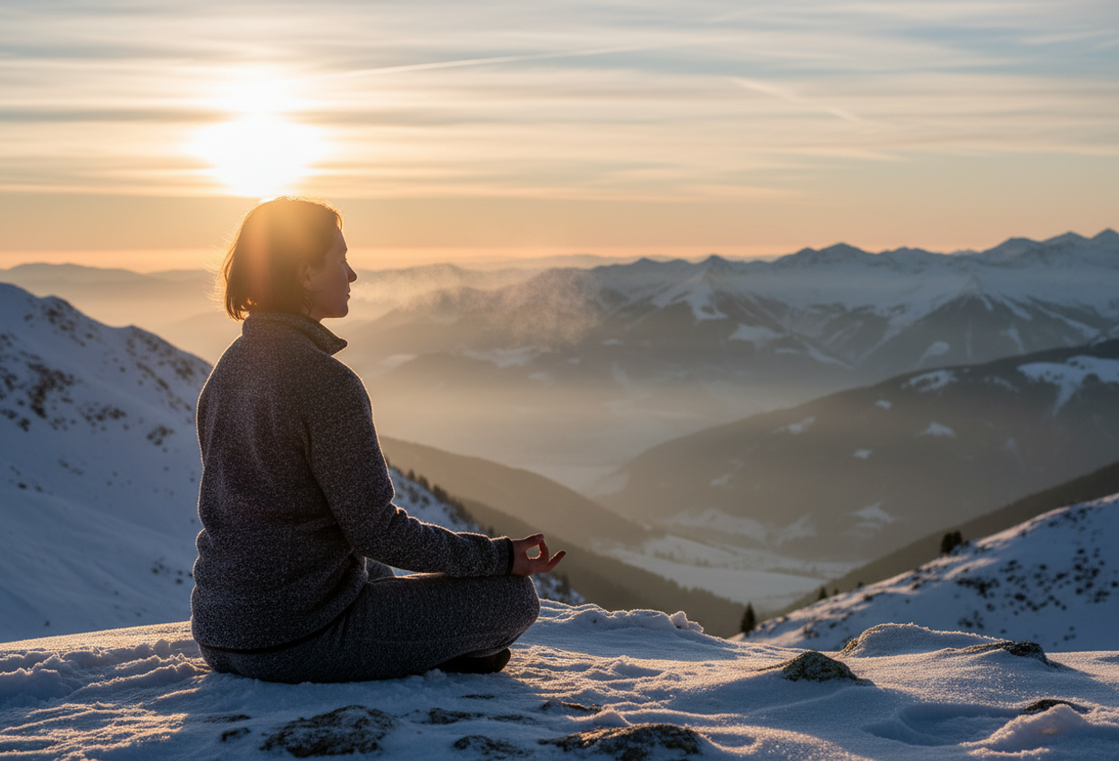 Serene Winter Sunrise Meditation on Snowy Alpine Ridge A lone person sits cross‑legged atop a snowy mountain ridge at sunrise. Mist drifts through valleys below and the sky glows in soft gold and apricot, while the snow and rocks carry crisp, hyper‑real textures.
