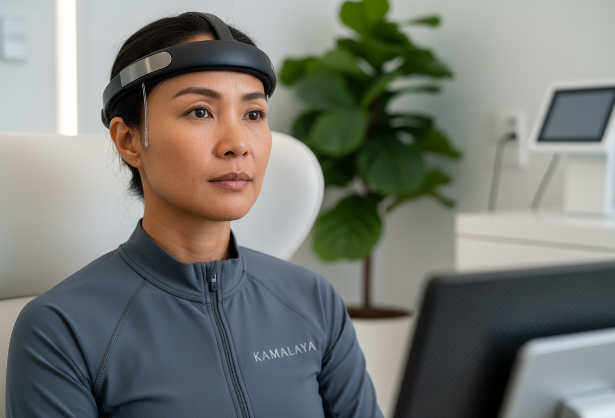 Close‑up of a guest in a modern cognitive training studio, wearing a neural‑feedback headset and seated in ergonomic design. Her expression is focused and determined, with realistic skin detail and natural lighting that highlights textures on her face and the high‑tech equipment.