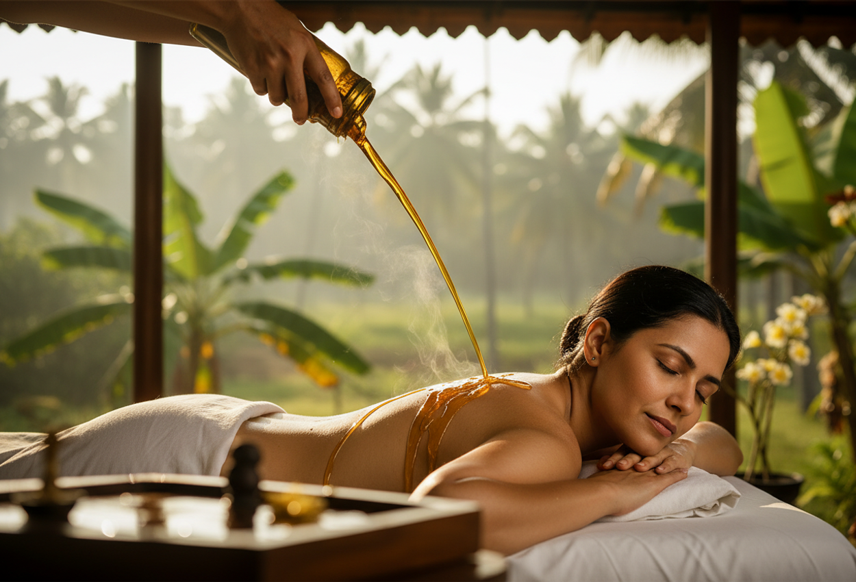A woman receiving a fragrant warm herbal oil massage (Abhyanga) amid lush tropical greenery in a serene Kerala retreat, evoking rejuvenation and holistic tranquility.
