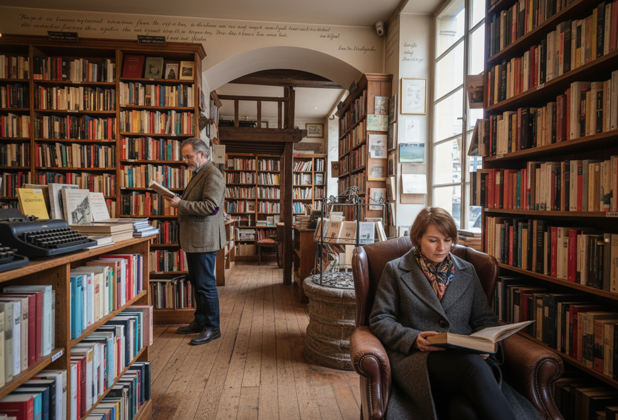 Interior scene of Shakespeare and Company bookstore in Paris during the day. Warm sunlight filters through tall windows onto wooden bookshelves filled with old books. A woman reads in a leather armchair while a man browses nearby. The shop’s worn textures, narrow passages, handwritten quotes, and cozy atmosphere are visible.