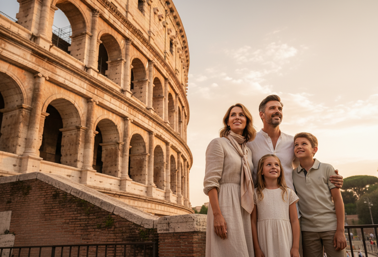 A warm‑lit family portrait in front of the Colosseum at sunset: parents and two children gaze in wonder at the ancient arches, golden autumn light illuminating textured stone and natural expressions.