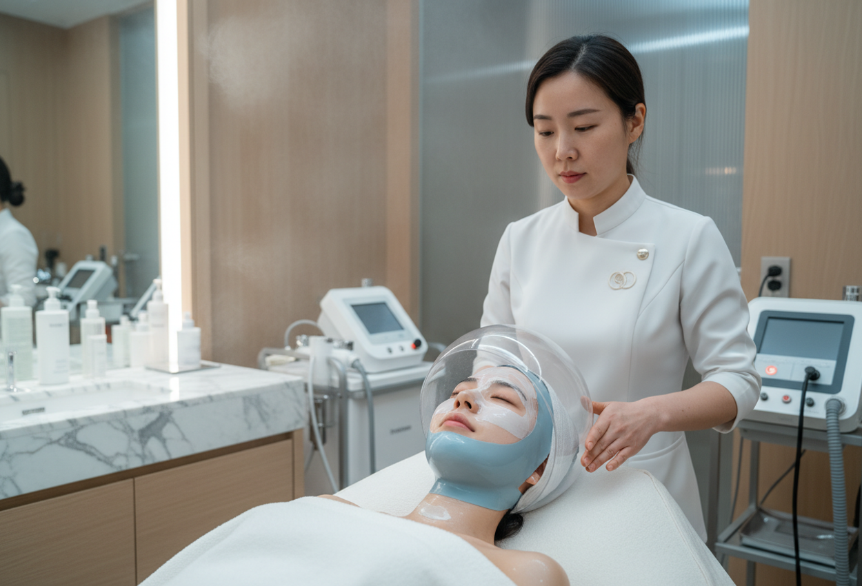 Interior of a modern luxury spa in Seoul in winter: a woman receives a multi‑step K‑beauty facial under an oxygen‑LED dome, with visible layered skincare masks, sleek high‑tech spa equipment, clean contemporary lines and soft cool lighting illuminating her radiant complexion.