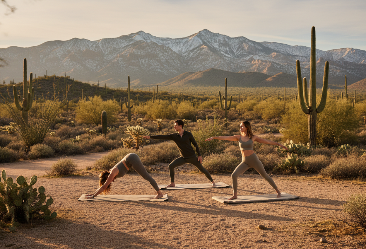 Winter golden-hour yoga in Miraval Arizona desert with Santa Catalina Mountains background Panoramic winter desert scene at Miraval Arizona, with light-flocked foothills of the Santa Catalina Mountains in the background and guests practicing yoga outdoors under warm golden-hour sunlight.