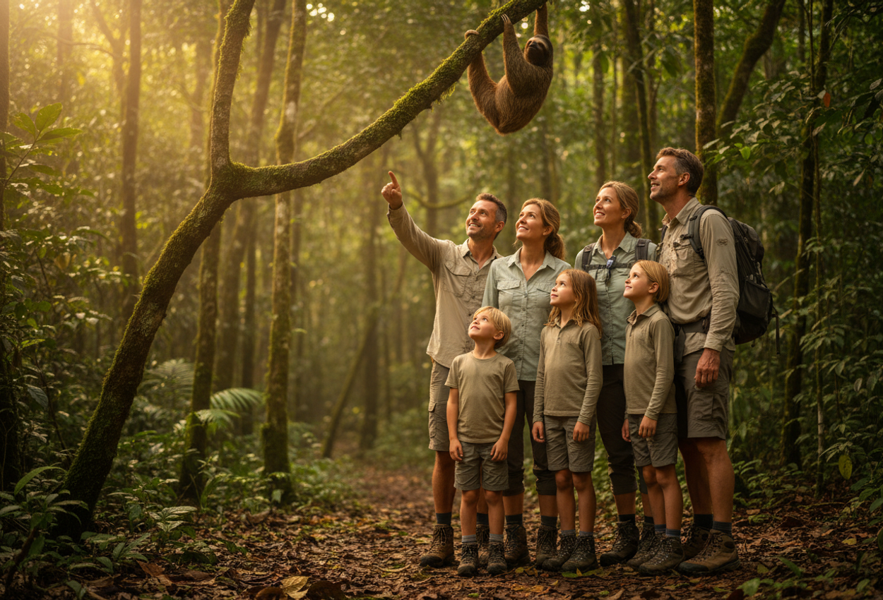 A photograph of a family of five and their guide hiking through a lush Costa Rican rainforest. The guide points to a sloth hanging in a mossy tree branch. Sunlight filters through the dense canopy, illuminating the forest floor with dappled light. The family wears lightweight hiking clothes and backpacks.