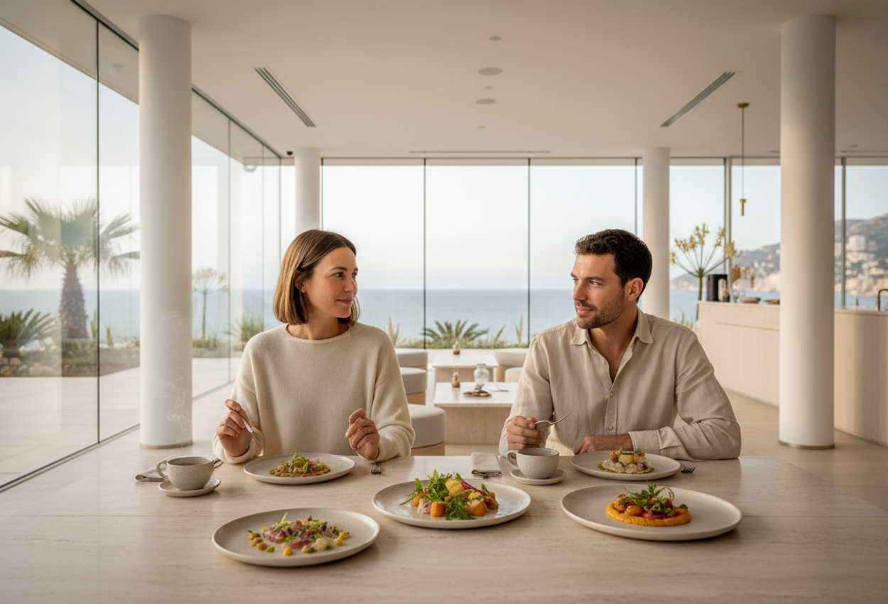 Interior of SHA Wellness Clinic restaurant with Mediterranean sea views in winter A serene, hyper‑realistic photograph in winter showing SHA Wellness Clinic’s elegant restaurant interior. Guests enjoy healthy cuisine at a communal table with detailed textures and natural lighting, framed by panoramic views of the Mediterranean Sea and distant mountains.