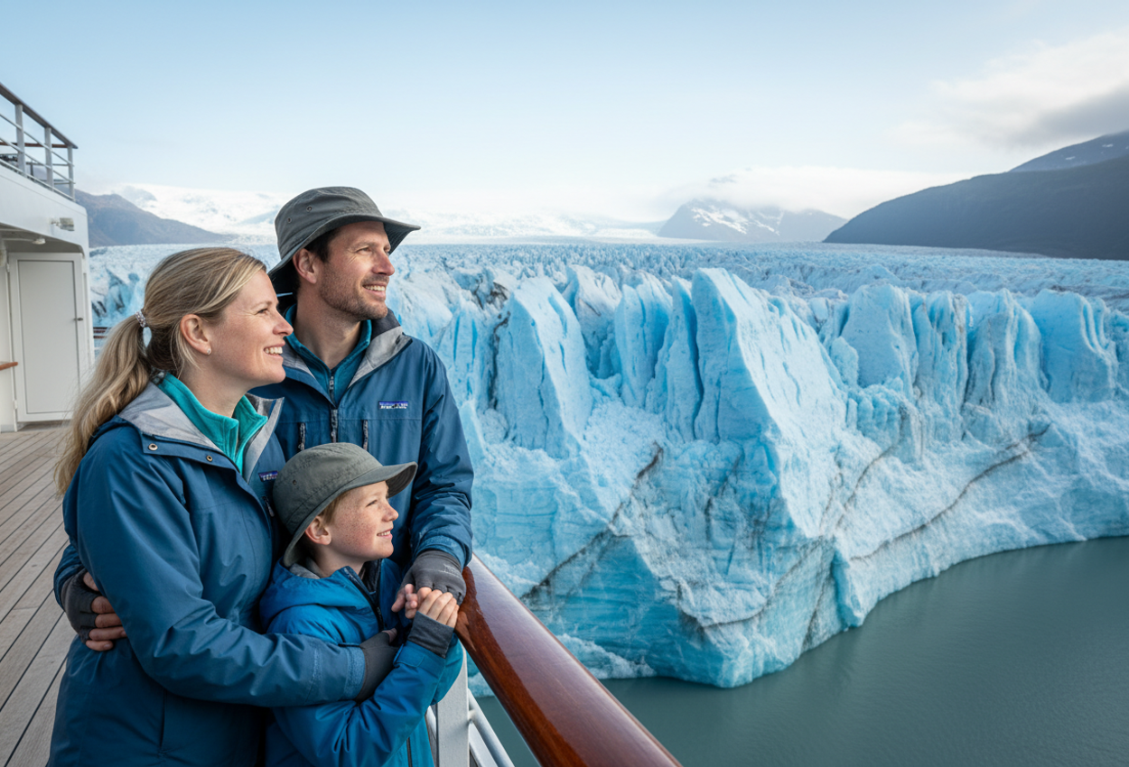 A family of four stands bundled on a cruise ship deck, smiling as they gaze at a massive brilliant‑blue glacier under a clear summer sky, capturing the awe of the Alaskan landscape.