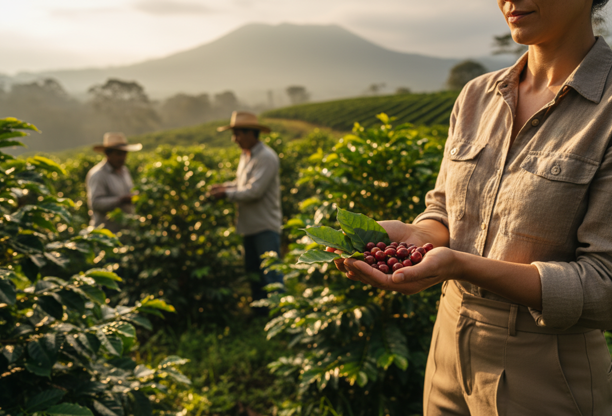 A woman in earthy casual attire holds freshly picked coffee beans in her hands amid a lush green Costa Rican coffee plantation bathed in warm golden mid‑morning light, with local farmers softly visible in the background tending the plants.