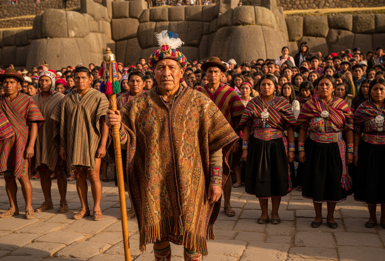 A hyperrealistic medium‑shot photograph showing a man in his fifties dressed in traditional Inca revival attire, holding a ceremonial staff in the historic stone plaza of Cusco. Around him, performers and a crowd display emotional focus and cultural pride. The image captures rich textures—from woven wool garments to weathered Inca masonry—under warm natural daylight.